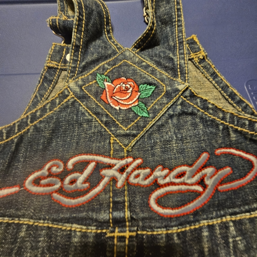NWT Ed Hardy Toddler Denim Overall Dress with Embroidery - Picture 4 of 6